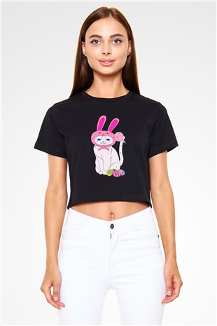 Paskalya Baskılı Siyah Crop Top Kadın Tişört - Tshirt