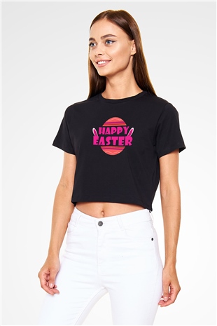 Paskalya Baskılı Siyah Crop Top Kadın Tişört - Tshirt