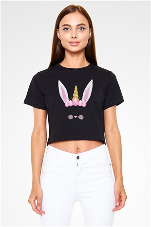Paskalya Baskılı Siyah Crop Top Kadın Tişört - Tshirt