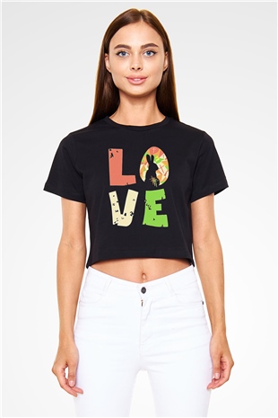Paskalya Baskılı Siyah Crop Top Kadın Tişört - Tshirt