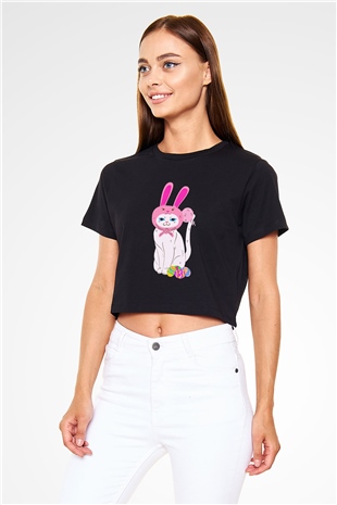Paskalya Baskılı Siyah Crop Top Kadın Tişört - Tshirt