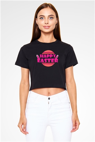 Paskalya Baskılı Siyah Crop Top Kadın Tişört - Tshirt