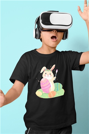 Paskalya Baskılı Unisex Siyah Çocuk Tişört - Tshirt