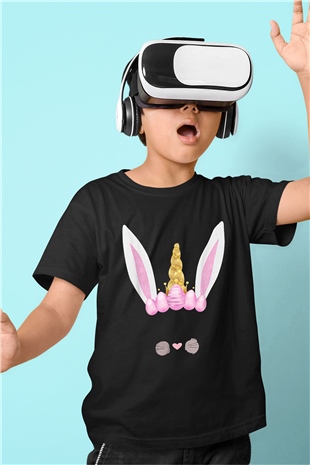 Paskalya Baskılı Unisex Siyah Çocuk Tişört - Tshirt