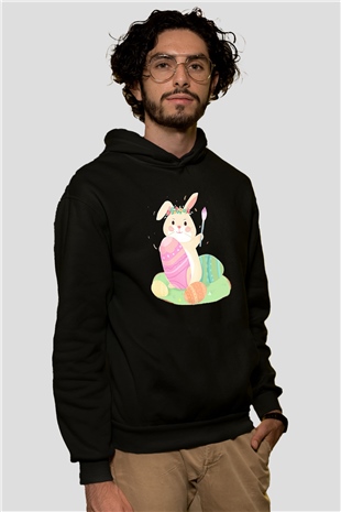 Paskalya Baskılı Unisex Siyah Hoodie