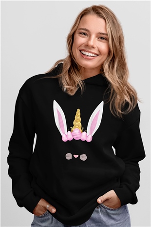 Paskalya Baskılı Unisex Siyah Hoodie