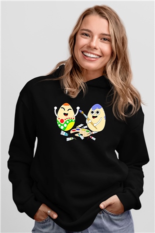 Paskalya Baskılı Unisex Siyah Hoodie