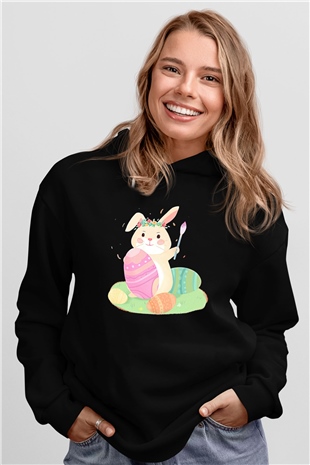 Paskalya Baskılı Unisex Siyah Hoodie