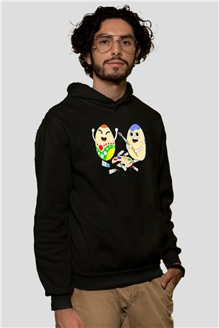 Paskalya Baskılı Unisex Siyah Hoodie