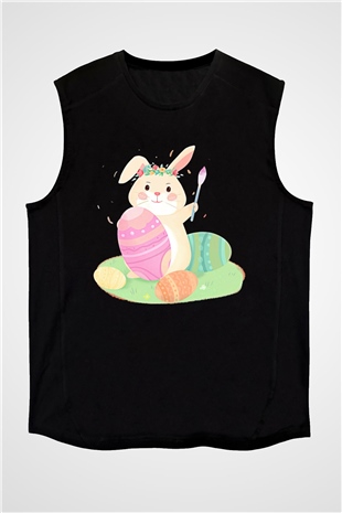 Paskalya Baskılı Unisex Siyah Kolsuz Tişört - Tshirt