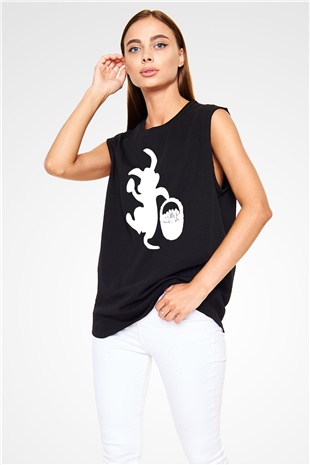 Paskalya Baskılı Unisex Siyah Kolsuz Tişört - Tshirt
