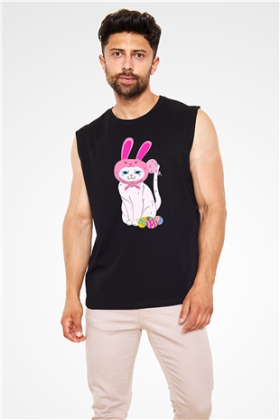 Paskalya Baskılı Unisex Siyah Kolsuz Tişört - Tshirt