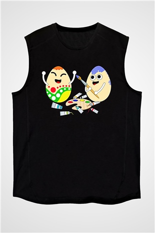Paskalya Baskılı Unisex Siyah Kolsuz Tişört - Tshirt