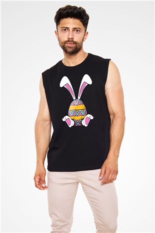 Paskalya Baskılı Unisex Siyah Kolsuz Tişört - Tshirt