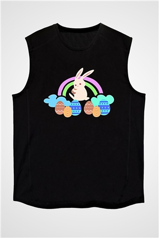 Paskalya Baskılı Unisex Siyah Kolsuz Tişört - Tshirt