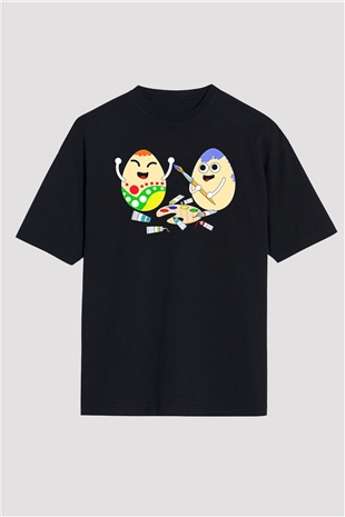 Paskalya Baskılı Unisex Siyah Oversize Tişört - Tshirt