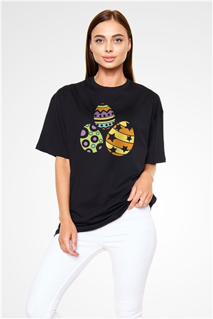 Paskalya Baskılı Unisex Siyah Oversize Tişört - Tshirt