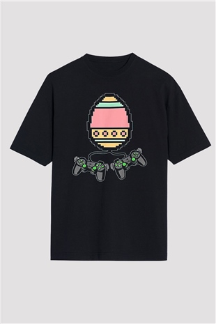 Paskalya Baskılı Unisex Siyah Oversize Tişört - Tshirt