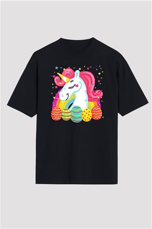 Paskalya Baskılı Unisex Siyah Oversize Tişört - Tshirt