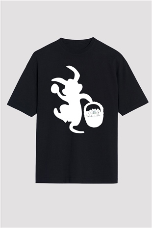 Paskalya Baskılı Unisex Siyah Oversize Tişört - Tshirt