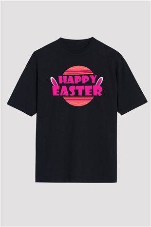 Paskalya Baskılı Unisex Siyah Oversize Tişört - Tshirt