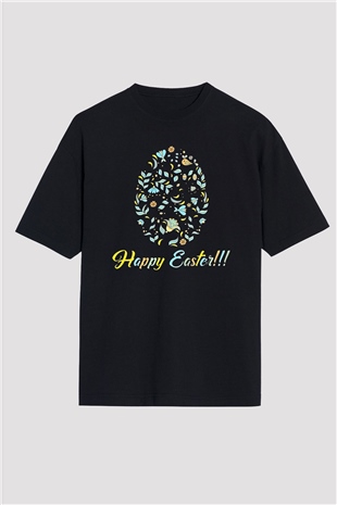 Paskalya Baskılı Unisex Siyah Oversize Tişört - Tshirt