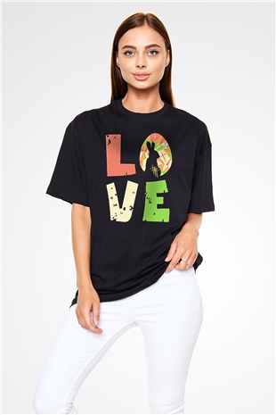 Paskalya Baskılı Unisex Siyah Oversize Tişört - Tshirt