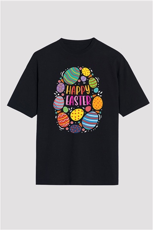 Paskalya Baskılı Unisex Siyah Oversize Tişört - Tshirt