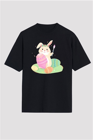 Paskalya Baskılı Unisex Siyah Oversize Tişört - Tshirt