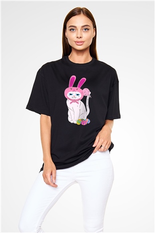 Paskalya Baskılı Unisex Siyah Oversize Tişört - Tshirt