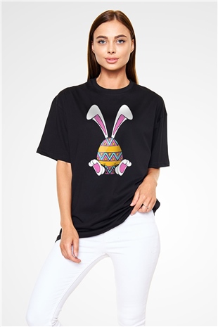 Paskalya Baskılı Unisex Siyah Oversize Tişört - Tshirt