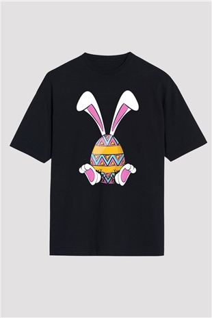Paskalya Baskılı Unisex Siyah Oversize Tişört - Tshirt
