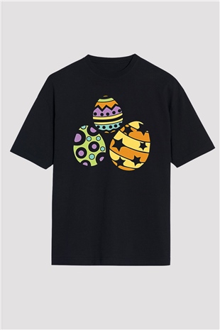 Paskalya Baskılı Unisex Siyah Oversize Tişört - Tshirt
