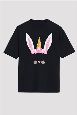 Paskalya Baskılı Unisex Siyah Oversize Tişört - Tshirt