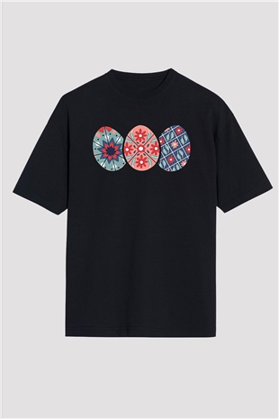 Paskalya Baskılı Unisex Siyah Oversize Tişört - Tshirt