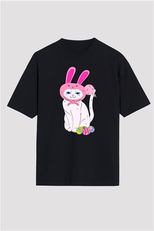 Paskalya Baskılı Unisex Siyah Oversize Tişört - Tshirt