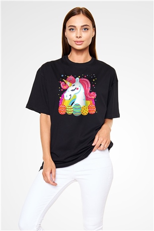 Paskalya Baskılı Unisex Siyah Oversize Tişört - Tshirt