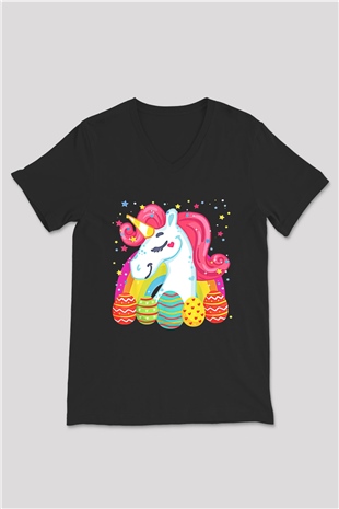 Paskalya Baskılı Unisex Siyah V Yaka Tişört - Tshirt