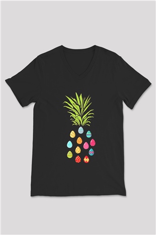 Paskalya Baskılı Unisex Siyah V Yaka Tişört - Tshirt