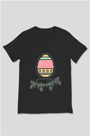 Paskalya Baskılı Unisex Siyah V Yaka Tişört - Tshirt