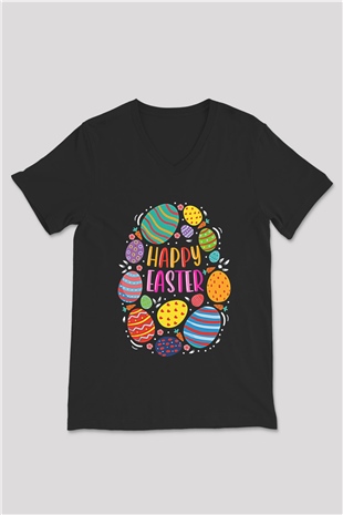 Paskalya Baskılı Unisex Siyah V Yaka Tişört - Tshirt