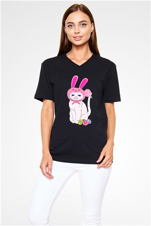 Paskalya Baskılı Unisex Siyah V Yaka Tişört - Tshirt