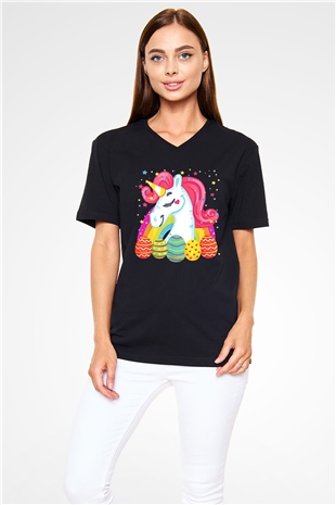 Paskalya Baskılı Unisex Siyah V Yaka Tişört - Tshirt
