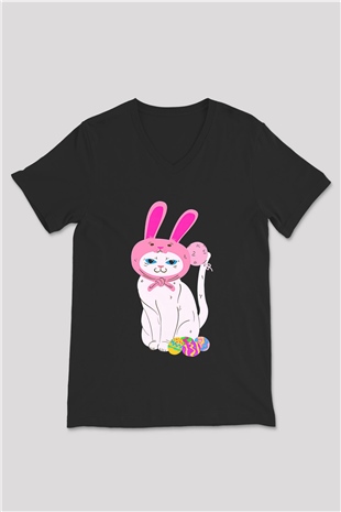 Paskalya Baskılı Unisex Siyah V Yaka Tişört - Tshirt