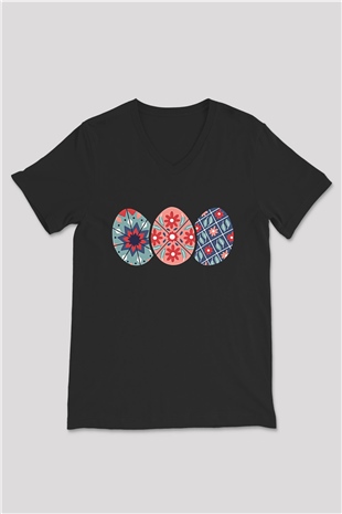 Paskalya Baskılı Unisex Siyah V Yaka Tişört - Tshirt