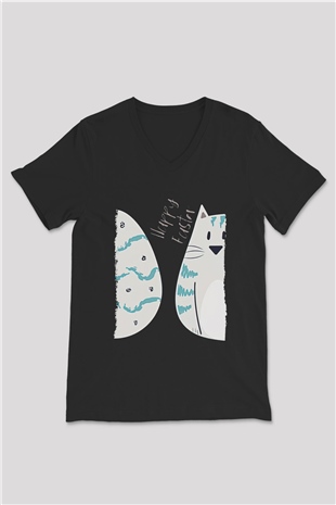 Paskalya Baskılı Unisex Siyah V Yaka Tişört - Tshirt