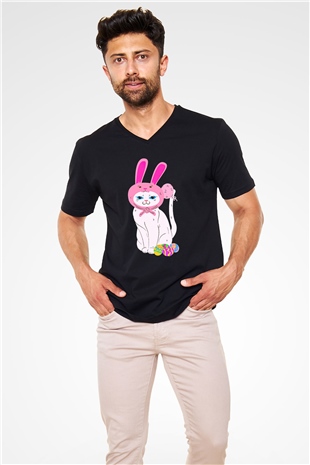 Paskalya Baskılı Unisex Siyah V Yaka Tişört - Tshirt