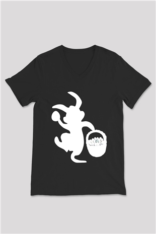 Paskalya Baskılı Unisex Siyah V Yaka Tişört - Tshirt