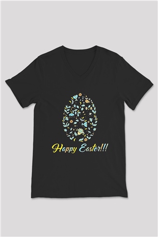 Paskalya Baskılı Unisex Siyah V Yaka Tişört - Tshirt
