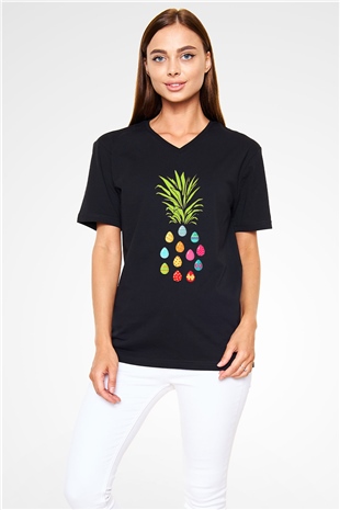 Paskalya Baskılı Unisex Siyah V Yaka Tişört - Tshirt